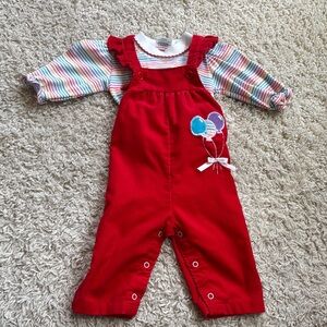 Vintage 80s/90s Healthtex Red Corduroy Ballon Bow Overalls with Rainbow Top 9mo